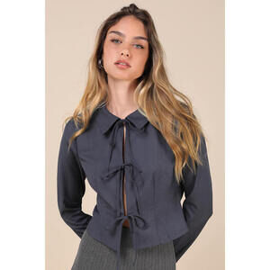 Lulus Trendy Potential Dark Slate Tie-front Long Sleeve Top Blue - Size S